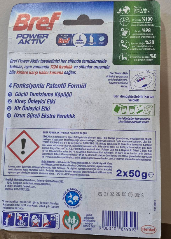 قرص خوشبوکننده و شوینده توالت فرنگی Bref Power Aktiv بسته ۲ عددی