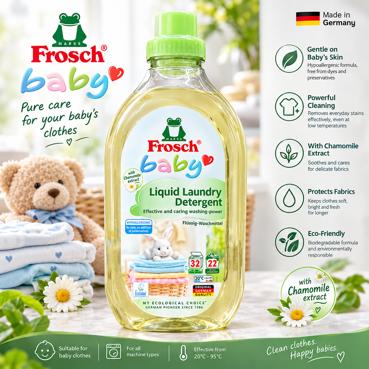 مایع لباسشویی کودک گیاهی فروش Frosch Baby حاوی عصاره بابونه ۱.۵ لیتر