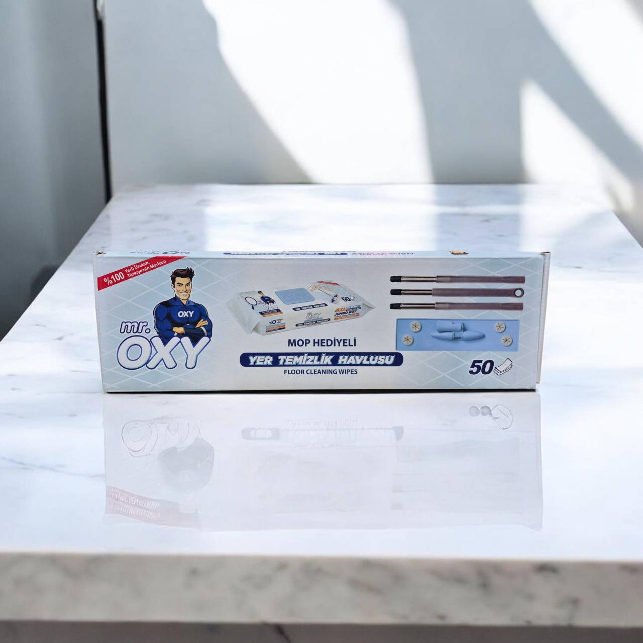 دستمال تی همراه دسته تی اوکسی Mr. OXY مدل Yer Temizlik Havlusu بسته ۵۰ عددی + هدیه تی (Mop)