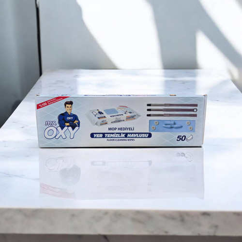 دستمال تی همراه دسته تی اوکسی Mr. OXY مدل Yer Temizlik Havlusu بسته ۵۰ عددی + هدیه تی (Mop)
