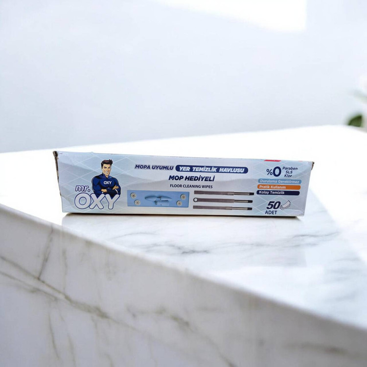 دستمال تی همراه دسته تی اوکسی Mr. OXY مدل Yer Temizlik Havlusu بسته ۵۰ عددی + هدیه تی (Mop)