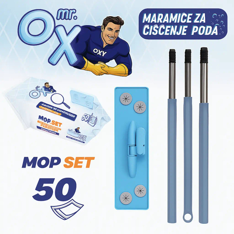 دستمال تی همراه دسته تی اوکسی Mr. OXY مدل Yer Temizlik Havlusu بسته ۵۰ عددی + هدیه تی (Mop)